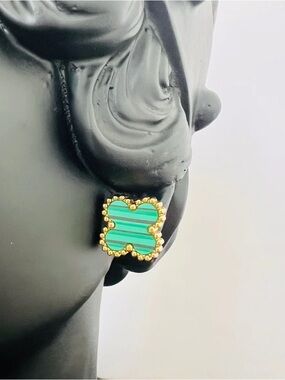 Gold Beaded Green Striped Clover Stud Earrings